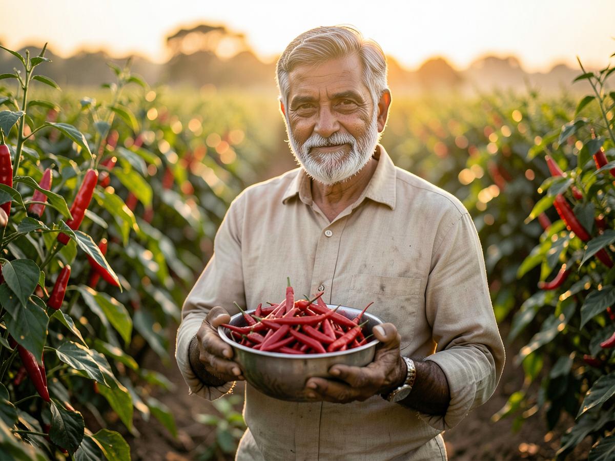 Farmer holding freshly harvested red chillies in an Indian field