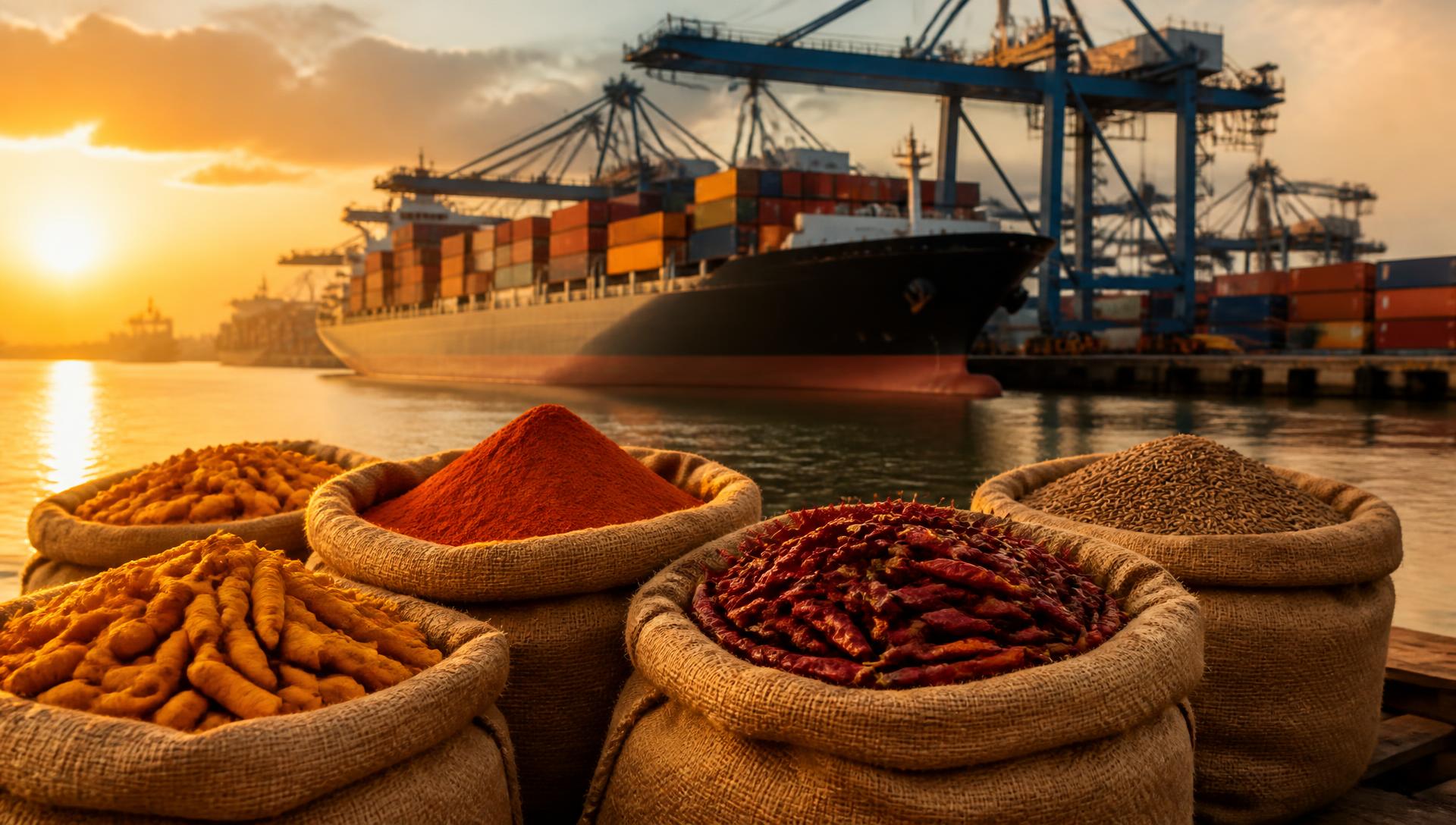 Jute sacks of turmeric, chilli and cumin on a dock with a container ship loading for export